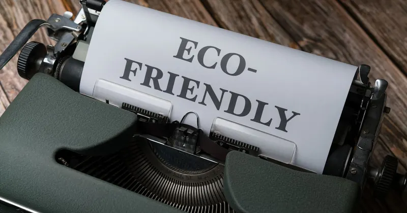 a close up of a typewriter with a paper that reads eco - friendly